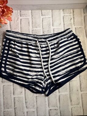 Navy & White Striped Athletic Drawstring Shorts for Women